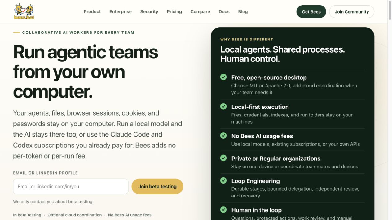 Bees’ public page explaining local-first AI workers